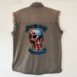 Motorcycle Button Down Shirt Mens Large Sleeveless Frayed Skull USA Biker Cotton